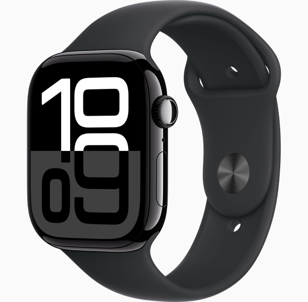 Apple Watch Series 10 GPS 46 мм, корпус из алюминия цвета «чёрный глянец», спортивный ремешок черного цвета M/L (MWWQ3)