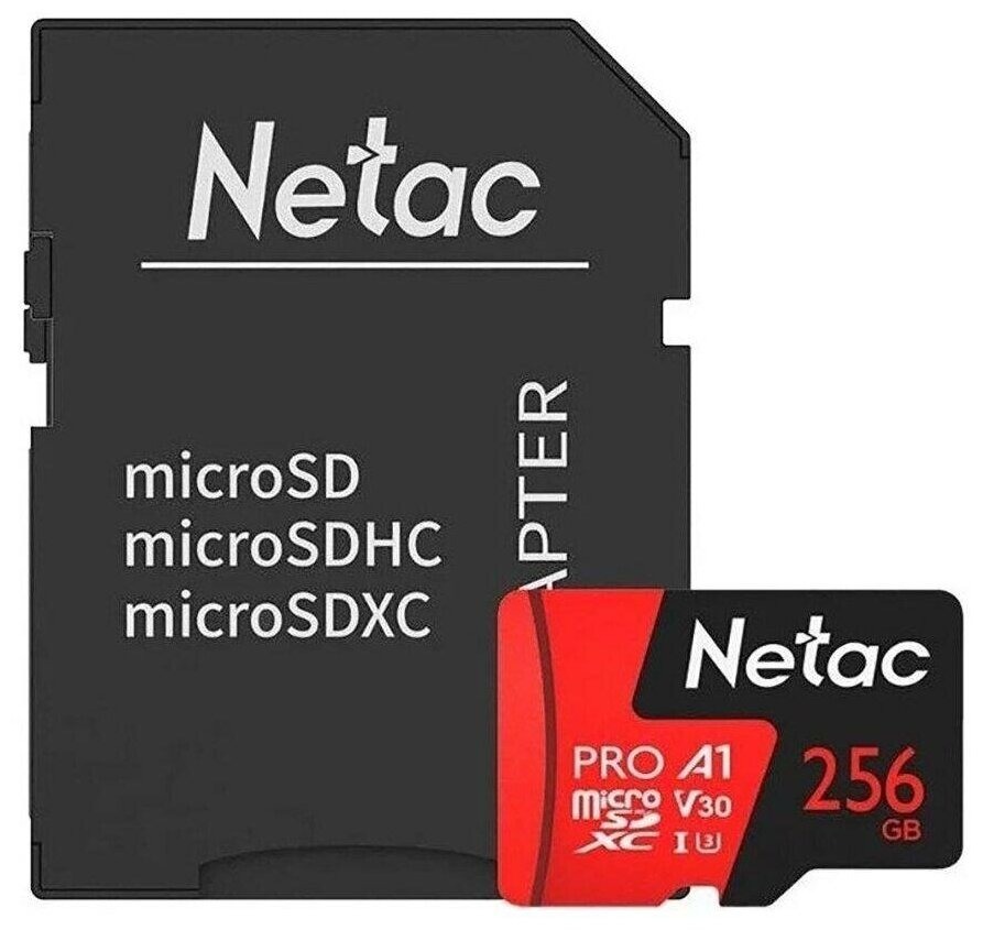 Карта памяти MicroSDXC 256GB Netac P500 Extreme Pro Class 10 UHS-I A1 V30 (100 Mb/s) + SD адаптер