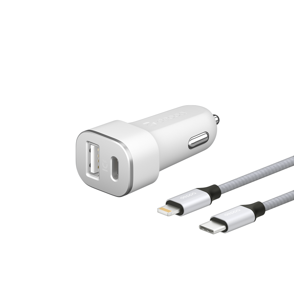 Автомобильное зарядное устройство Deppa USB-A/USB-C + кабель Lightning MFI нейлон, 18W, белый