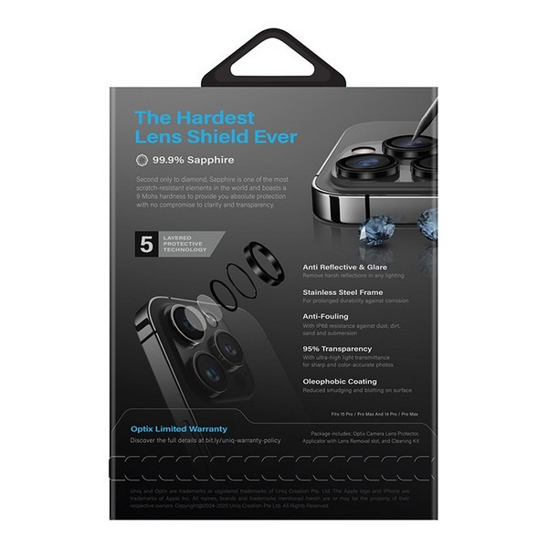 Сапфировое стекло на камеру Uniq OPTIX PRIME для iPhone 16 Pro/16 Pro Max, Серый