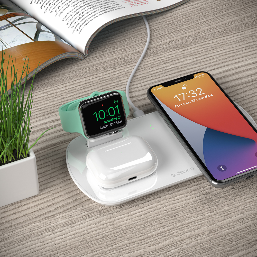 Зарядная станция Deppa 3 в 1: iPhone, Apple Watch, Airpods, 17.5W, белая