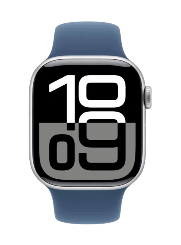 Apple Watch Series 10 GPS 42 мм, корпус из алюминия серебристого цвета, спортивный ремешок цвета «синий деним» S/M (MWWA3)