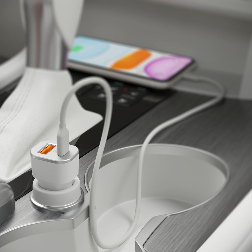 Автомобильное зарядное устройство Deppa USB-A/USB-C + кабель Lightning MFI нейлон, 18W, белый