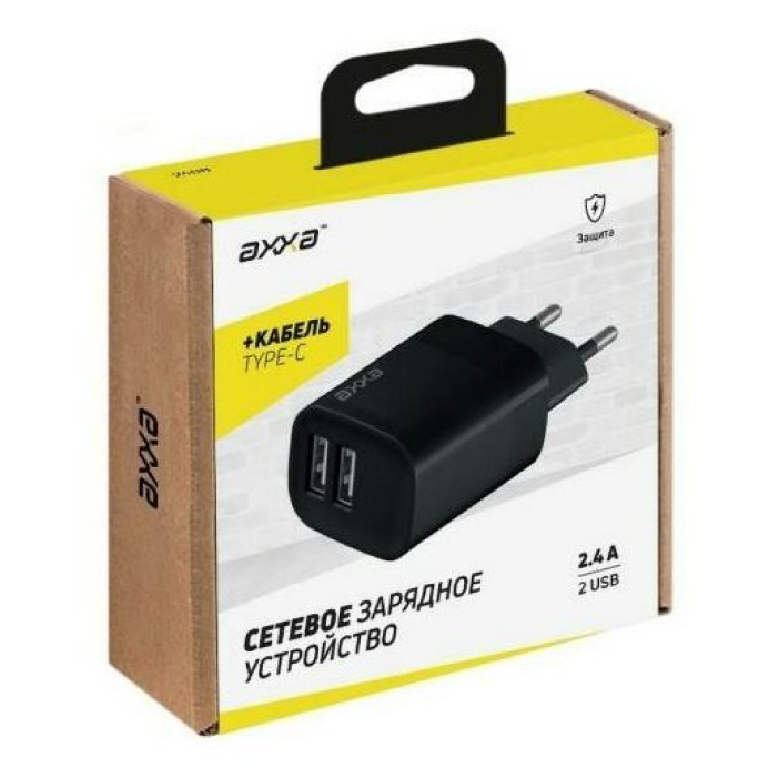 Сетевое зарядное устройство Axxa 2 USB 2.4А, дата-кабель USB-C, 1m, черный