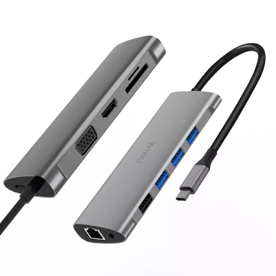 Адаптер WIWU 11 in 1 Type C -> 3х USB 3.0 Hub, SD Card, TF, 2x HDMI, VGA, RJ 45, PD, 3,5mm