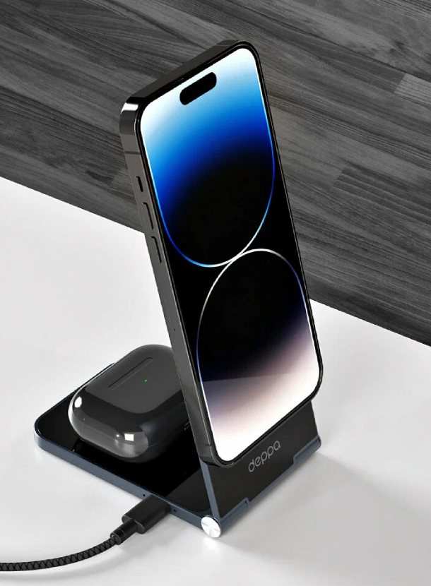 Беспроводная зарядная станция Deppa 2 в 1 MagSafe Crystal Slim QI складная, черная