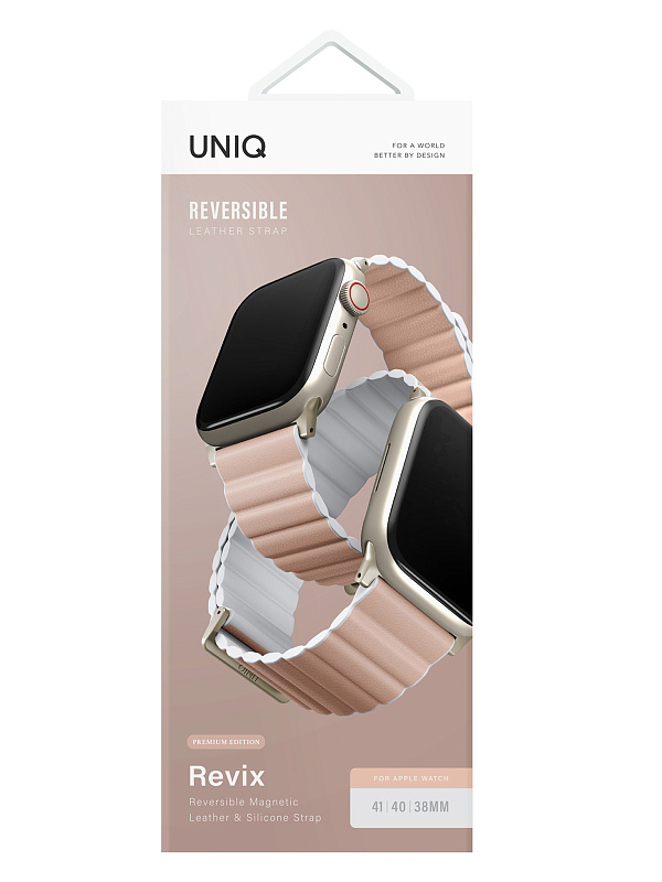 Ремешок Uniq для Apple Watch 42/41/40 mm Revix Premium Ed. Leather/Silicone Blush Pink/White